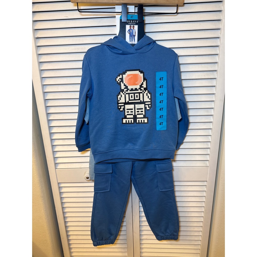 Andy & Evan Boys 3 Piece Set Blue Astronaut Hoodie Tee Cargo Joggers 4T NWT